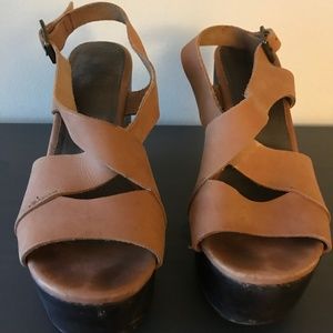 Joie Tan Leather Wood Wedge Platforms - Size 39